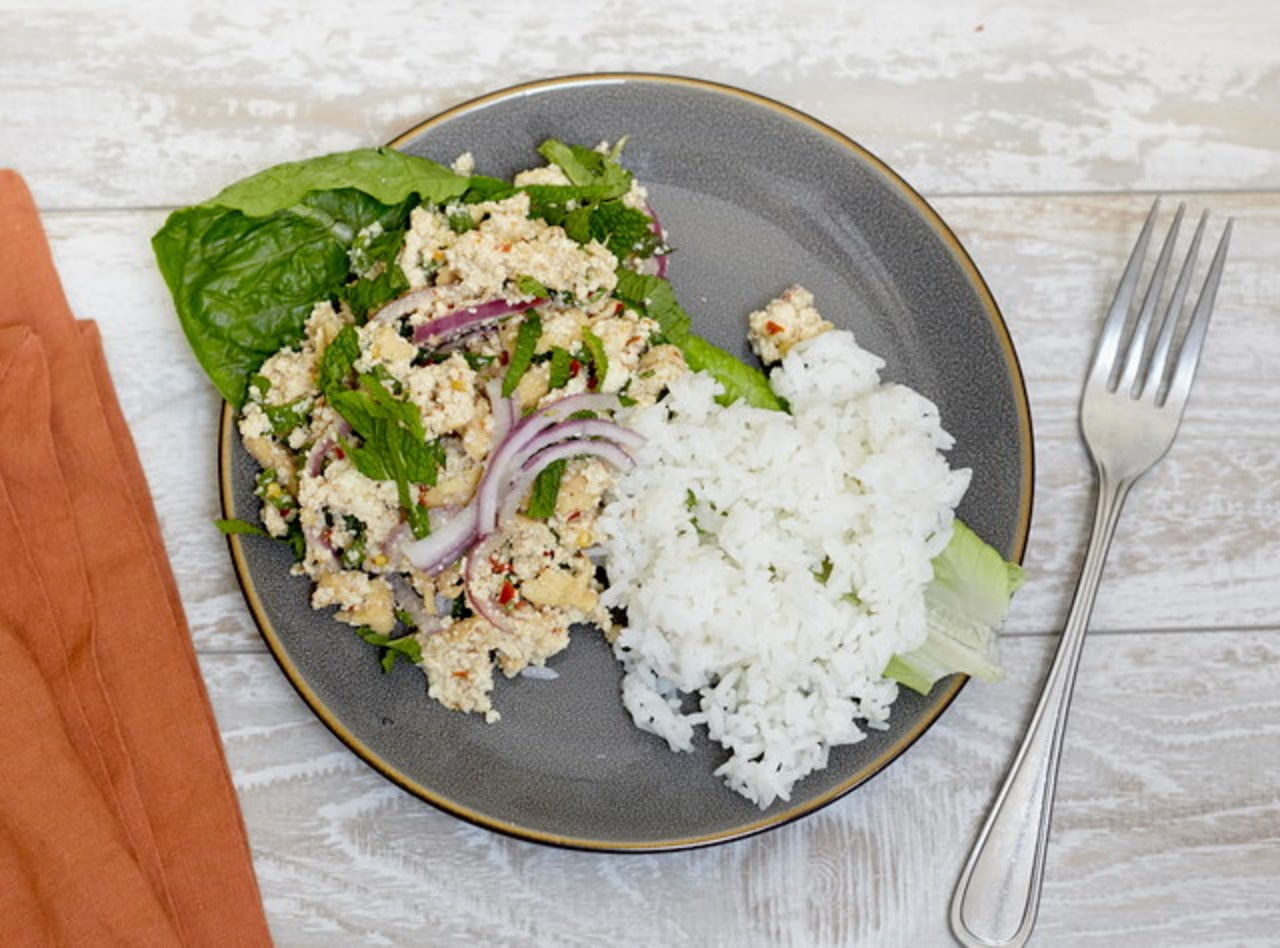 Larb Tofu with Vegan Papaya Salad Boxed Lunch by Chef Tanya Jirapol