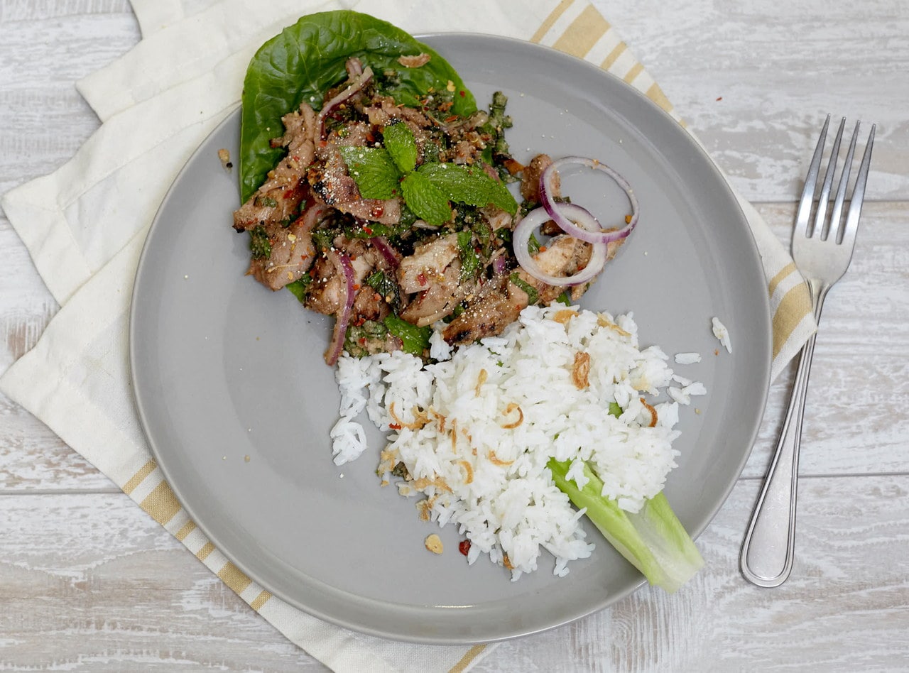 Grilled Chicken Nam Tok Salad with Coconut Rice by Chef Tanya Jirapol