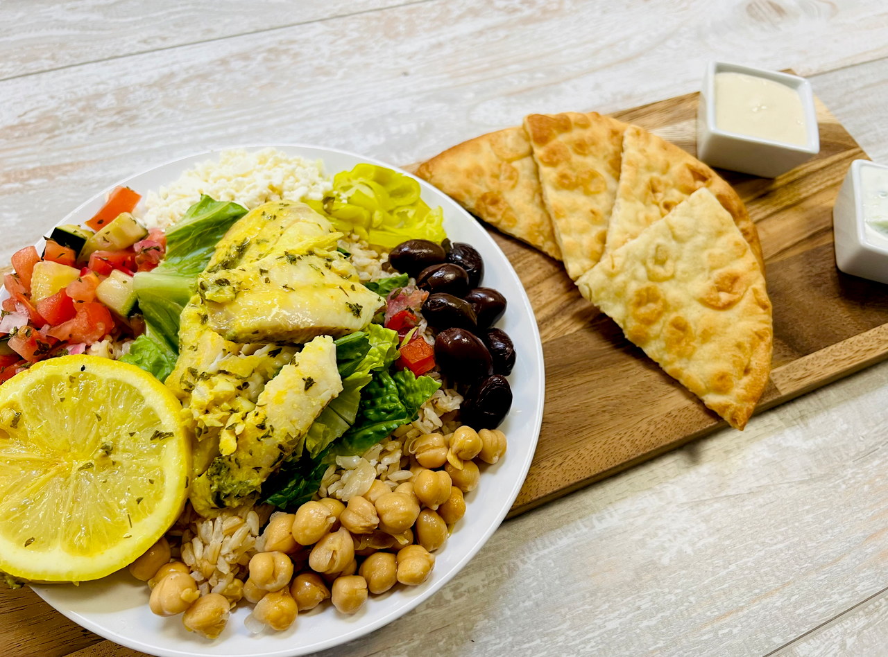 Grab 'n Go Greek Lemon Baked Fish Bowl by Chef Mulu Abate
