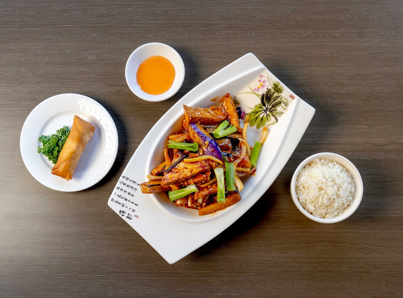 Eggplant and Tofu with Chili & Garlic Sauce Plate by Chef James Zhou