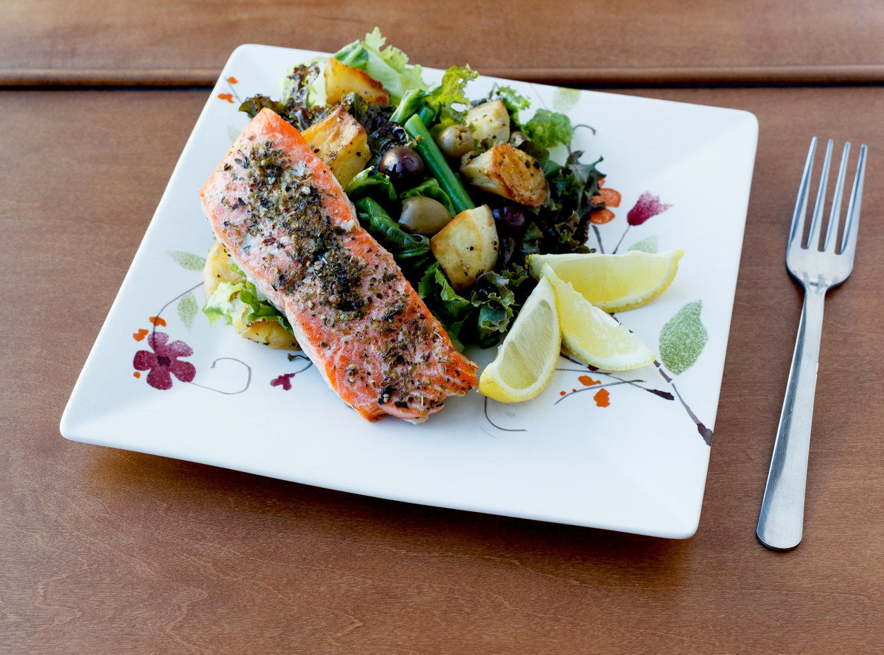 Grilled Salmon with Market Greens & Sweet Potato by Chef Amanda Sue