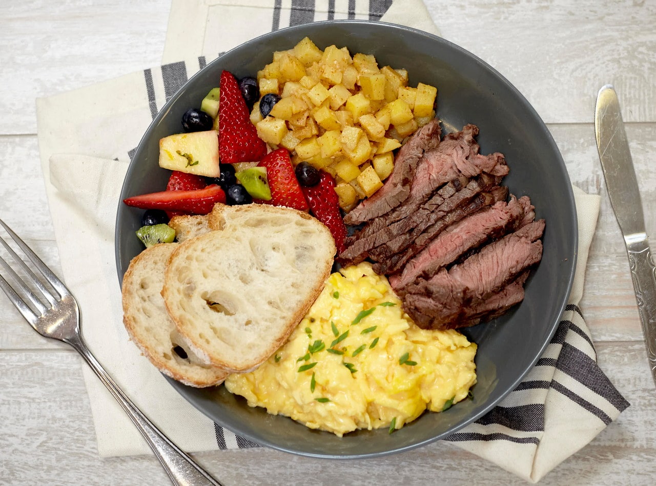 Cheesy Eggs, Grilled Flank Steak, and Roasted Potatoes (sm) by Chef Frankie Morales - ST