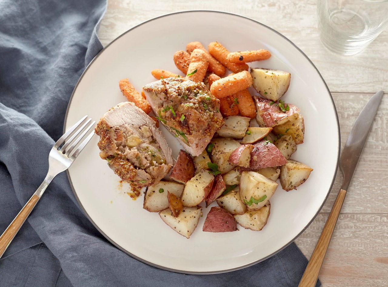 Apple Stuffed Pork Chop with Roasted Carrots by Chef Jenn Strange