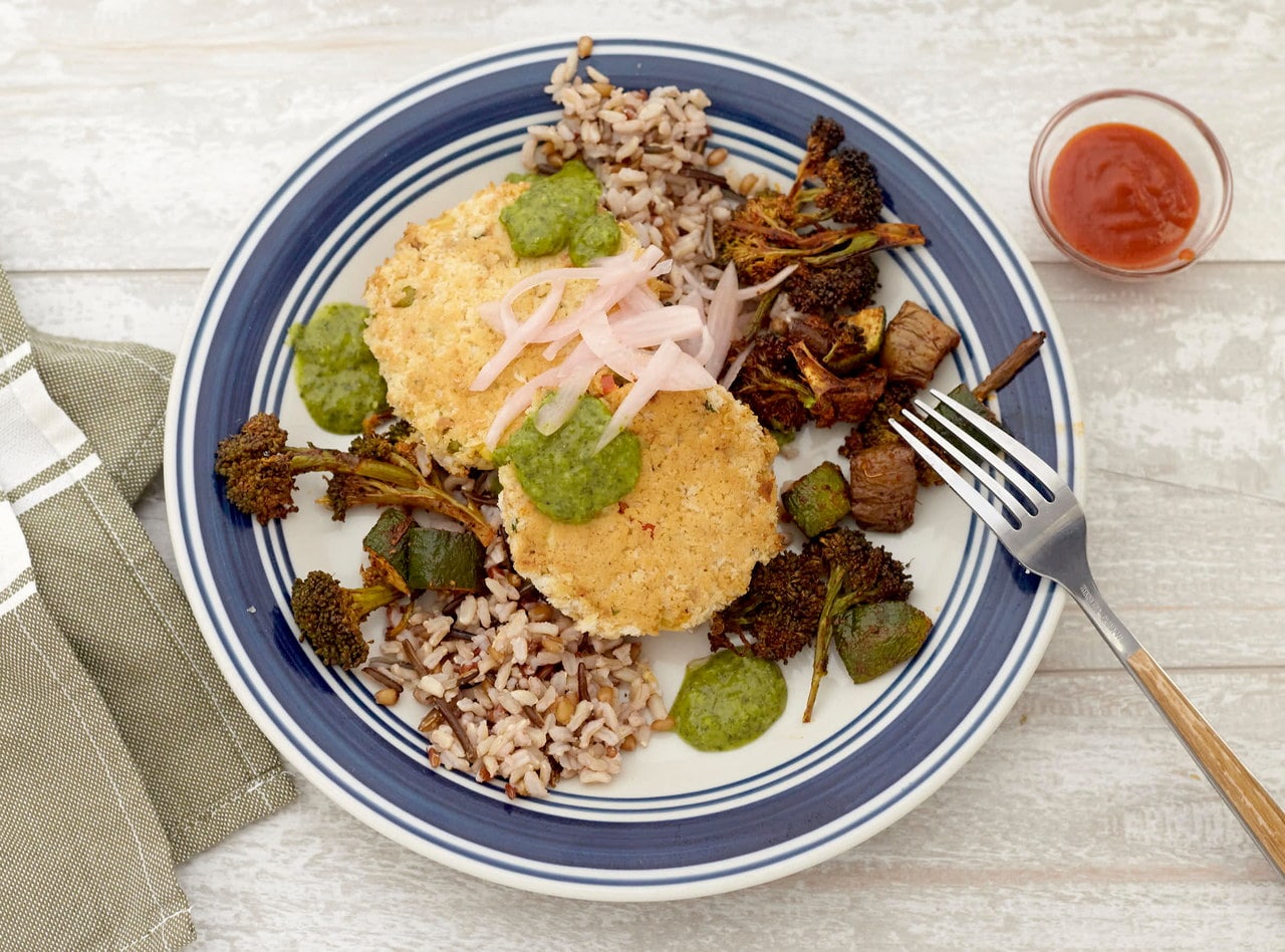 Spiced Vegetable Cakes with Sriracha-Chimichurri by Lish Chef