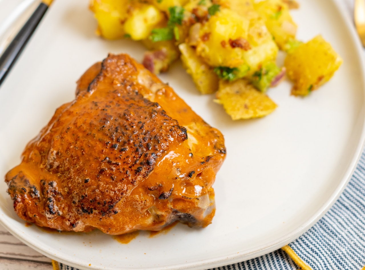 Whiskey Peach BBQ Chicken Thighs Plate by Heidi Finley