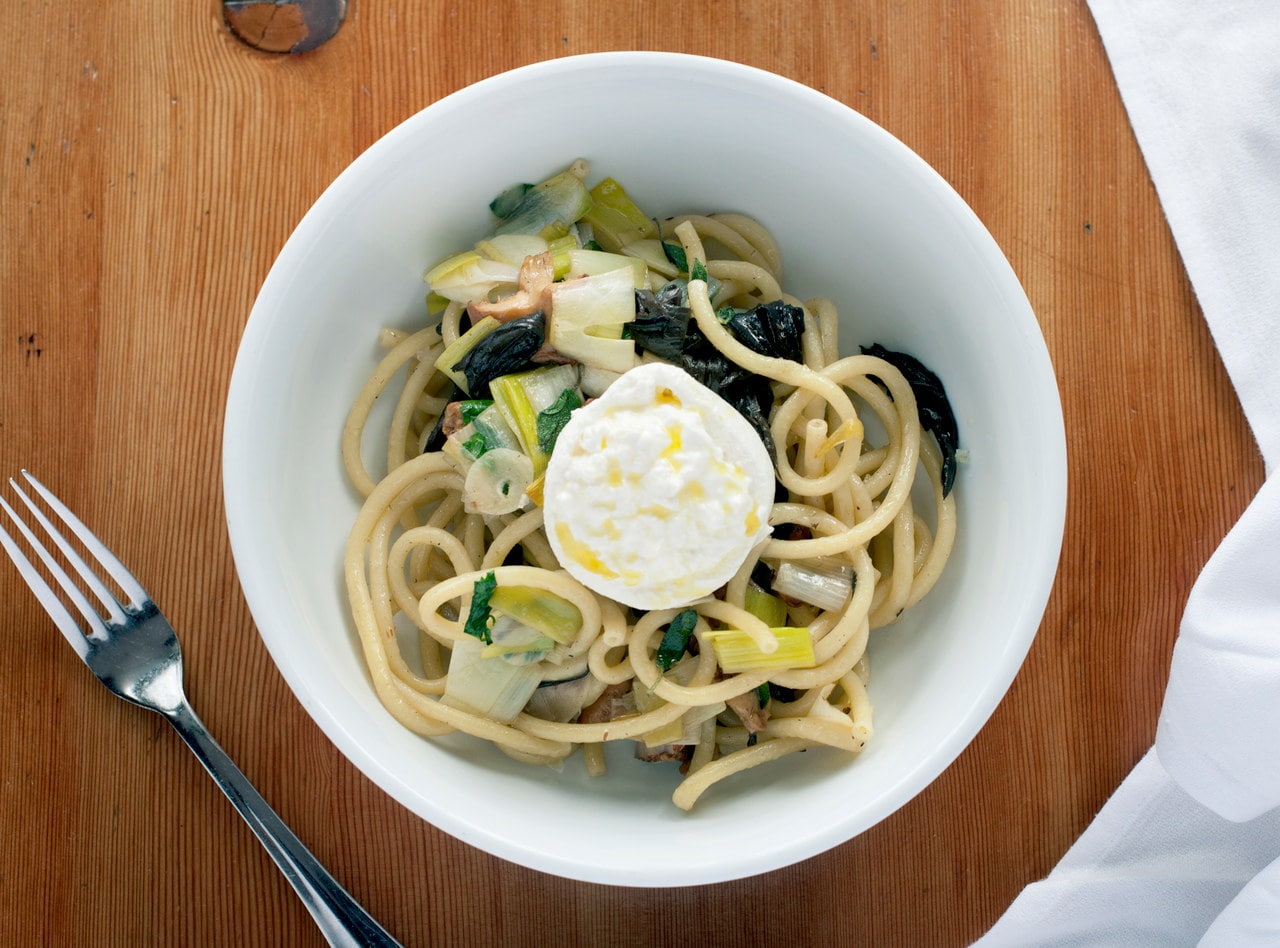 Bucatini with Leeks, Mushrooms and Burrata by Chef Ethan Stowell
