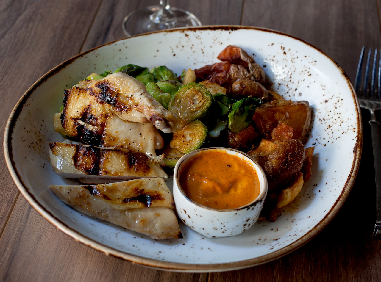 Half Chicken, Fried Fingerlings and Brussels by Chef Jason Wilson