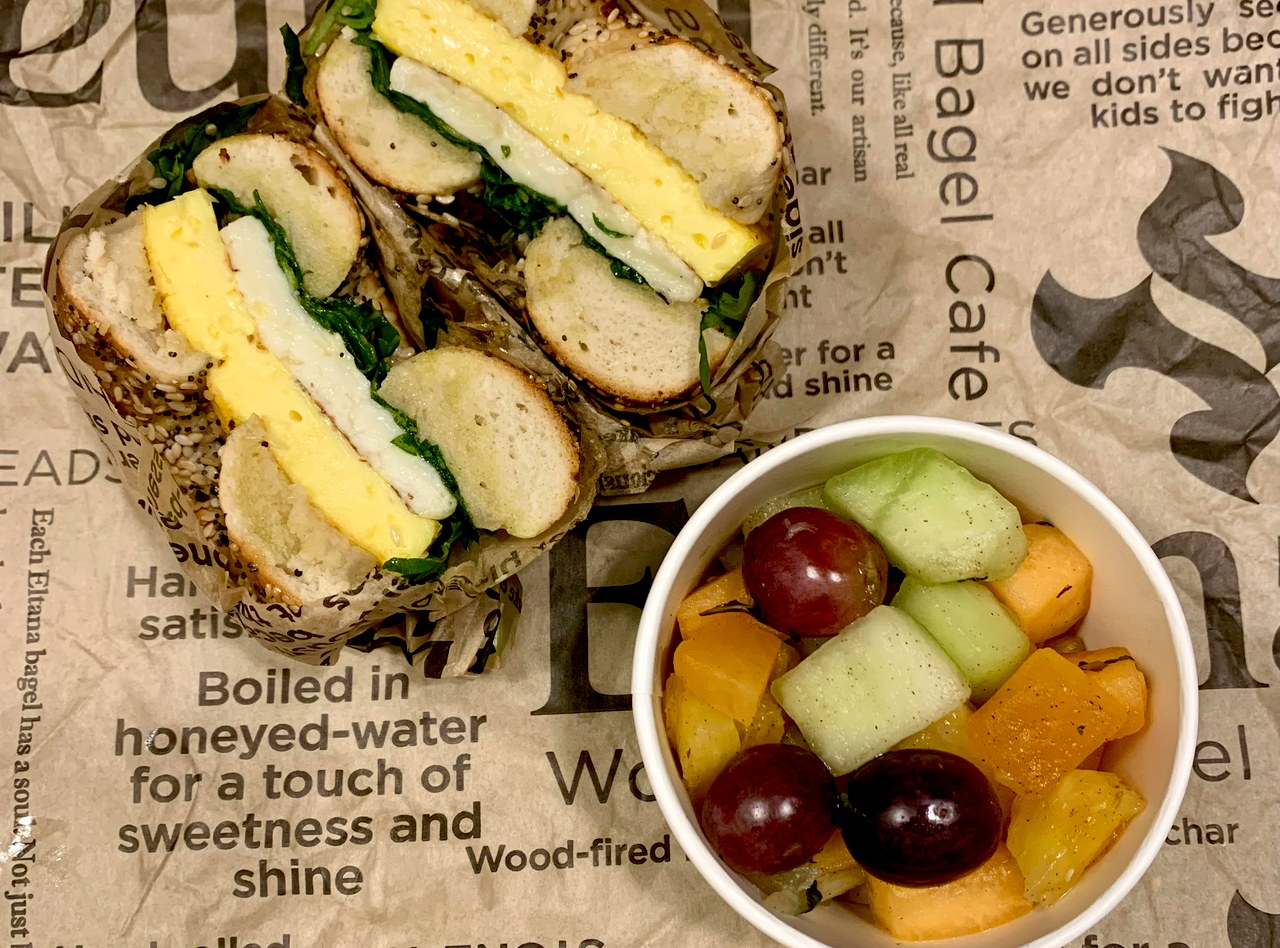 GF Feta & Pepper Bagel Sandwich & Fruit by Eltana